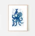 A blue print of a squid eating a fish