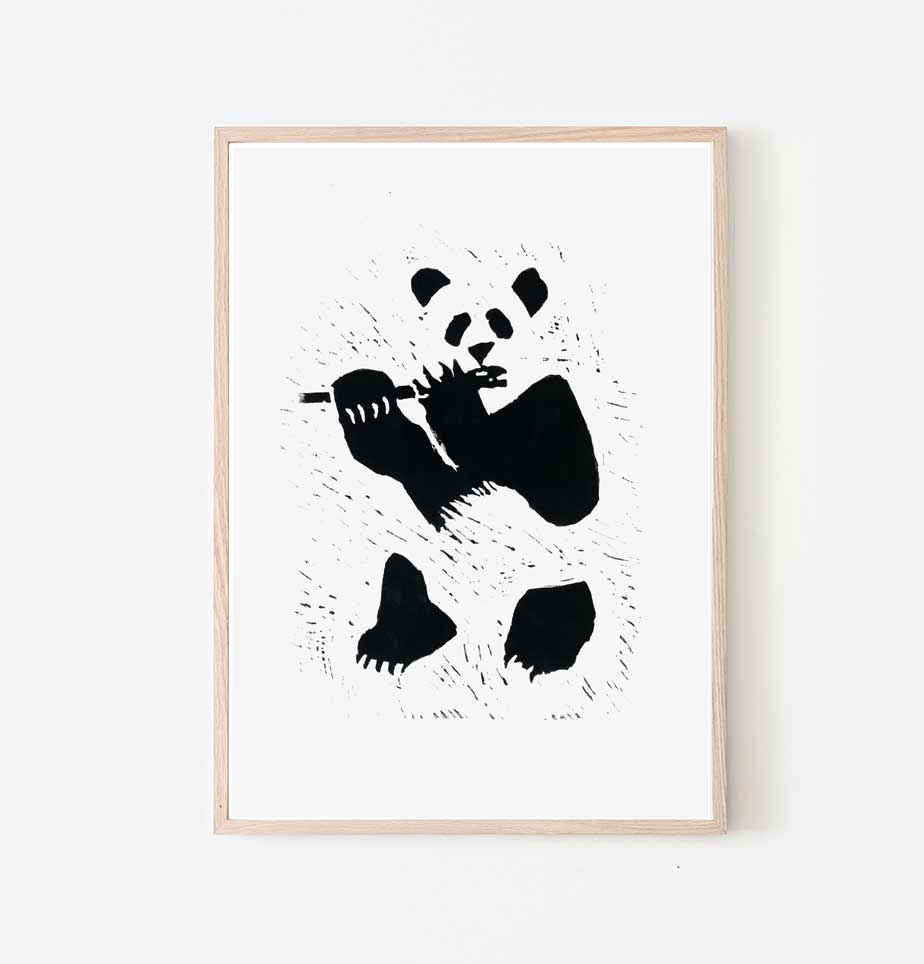 “Panda med bambus” Linoleumstryk